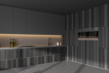 Koyu gri ahşap mutfak seti, arka farlar, fırınlı raf, yan görüş. Mermer zeminde gri lüks mutfak, 3 boyutlu, insan yok.