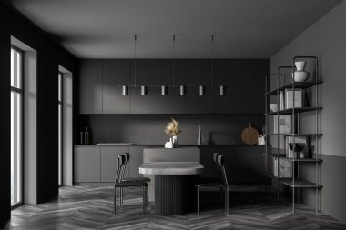 Pencerenin yanındaki karanlık modern mutfak. Masalı yemek salonu. Ahşap parke zemin. Panoramik pencere. 3d oluşturma