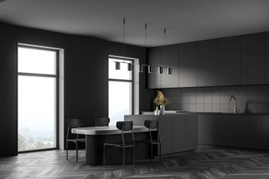 Pencerenin yanındaki karanlık modern mutfak. Masalı yemek salonu. Ahşap parke zemin. Panoramik pencere. 3d oluşturma