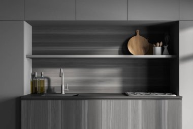 Koyu gri minimalist mutfak seti, kesme tahtalı güverte, aletler ve raflar, ön manzara. Gri ahşap mutfak, 3 boyutlu, insan yok.