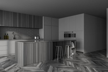 Gri mutfak odası, yemek masası ve bar sandalyeleri, parke zemin, yan manzara. Mutfak minimalist odası, ahşap gri mobilya, 3D, kimseyi göstermiyor.
