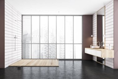 Lavabosu ve cam kapılı duşu olan siyah beyaz bir banyo, şehir manzaralı büyük bir pencere. Modern banyonun minimalist tasarımı siyah mermer zeminli, 3D, kimseyi göstermiyor.