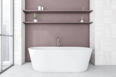 Beyaz ve pembe banyo mermer zeminde beyaz küvet, jel ve bitki. Süslü, minimalist, lüks banyo, 3 boyutlu, insan yok.