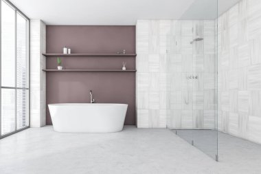 Cam duşlu, mermer zeminde beyaz küveti, jelleri ve bitkileri olan beyaz ve pembe bir banyo. Süslü, minimalist, lüks duş odası, 3 boyutlu, kimseyi göstermiyor.