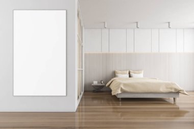 Beyaz ve ahşap yatak odasında pankart, parke zeminde yatak. Minimalist tasarımlı gardırop, 3 boyutlu, kimseyi yansıtmayan