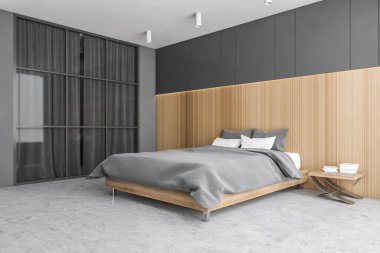 Gri ve ahşap uyku odası, gri mermer zeminde yatak. Minimalist tasarımlı gardırop, 3 boyutlu, kimseyi yansıtmayan