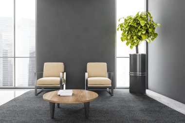 Fotokopi odası ve gri halı zemininde iki bej sandalye, şehir manzaralı pencereler. Kitaplı ve bitkisel kahve masası, 3 boyutlu, insan içermiyor.