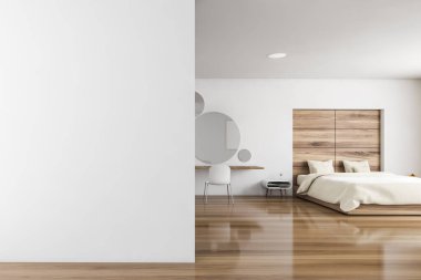 Bej uyku odasındaki fotokopi odası, parke zemininde masa ve sandalye. Yatak odasının minimalist tasarımı, sehpalı, 3 boyutlu, kimseyi göstermiyor.