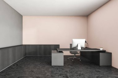 Masası ve bilgisayarı olan, bej duvarlı, ahşap siyah danışma odası. İşletme yöneticisi odasının gri minimalist iç mekanı, 3 boyutlu, kimseyi göstermiyor