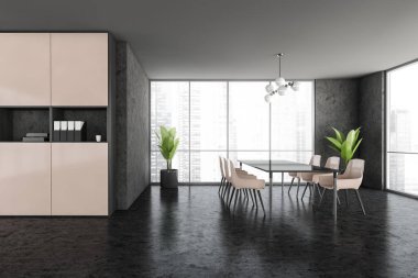 Siyah mermer zeminde bir sürü sandalyesi olan siyah ve ahşap bir oda. Bekleme odası, siyah masa ve pencerenin yanında bej sandalyeler. Şehir manzaralı, 3 boyutlu, kimseyi göstermiyor.