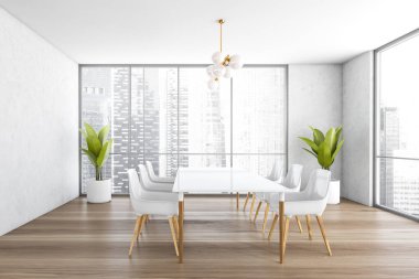 Beyaz ve ahşap oda. Parke zeminde bir sürü sandalye var. Beyaz masalı bekleme odası ve pencere kenarındaki beyaz sandalyeli şehir manzaralı, 3 boyutlu, kimseyi göstermeyen.