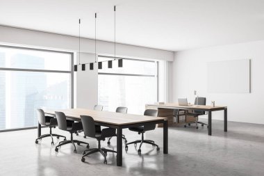 Modern ofis iç duvarındaki posterler maket gibi. Konferans masası. CEO masası. Şehir manzarası, panoramik pencere. 3d oluşturma,