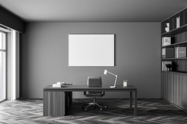 Modern ofis içi. Duvarda beyaz poster var. Model yap. CEO masası. Şehir manzarası, panoramik pencere. 3d oluşturma.