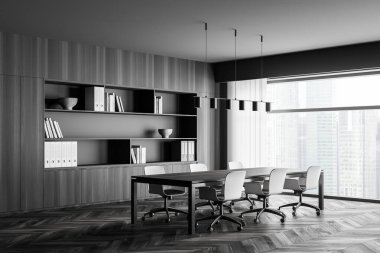 Modern ofis içi. Konferans masası. Şehir manzarası, panoramik pencere. Toplantı odası. 3d oluşturma