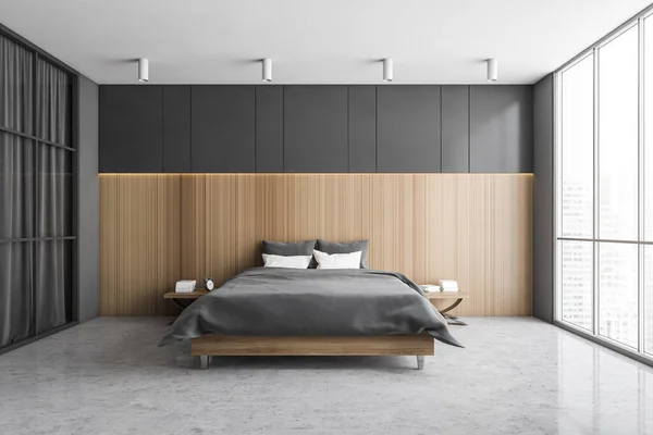 Grey and wooden sleeping room, bed on grey marble floor. Minimalist design of bedroom with wardrobe and windows with city view, 3D rendering no people