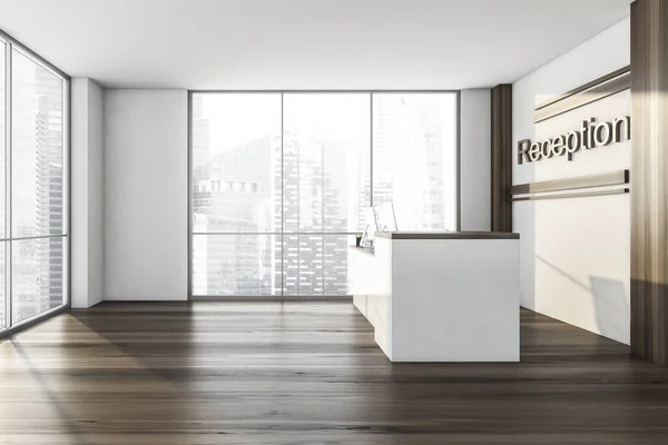 White and wooden reception room with two computers, side view. Entrance business interior with table and sign, side view. 3D rendering no people