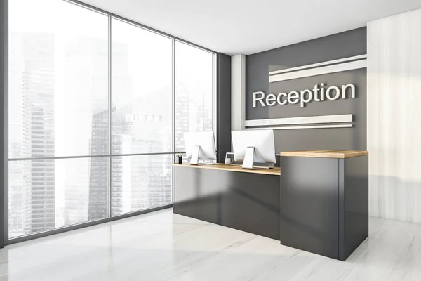 Grey and wooden reception room with two computers, side view. Entrance business interior with table and sign, side view. 3D rendering no people