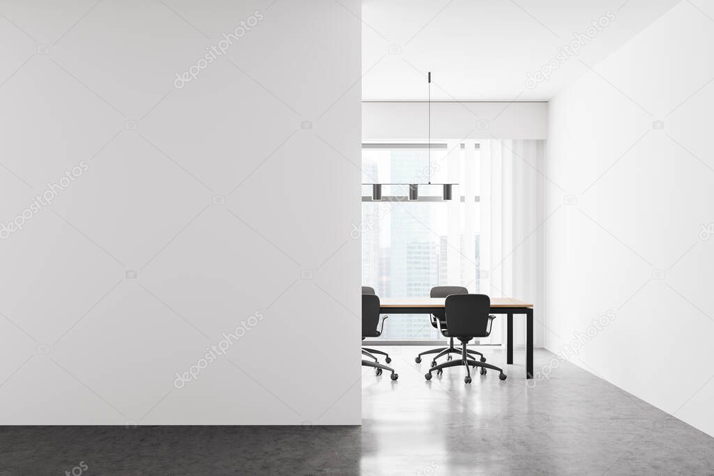 Modern office interior. Conference table. City view, panoramic window. White wall copy space mock up. 3d rendering