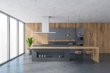 Siyah ve ahşap mutfak seti mermer zeminde, ahşap kesim masası ve şişeler için yer. Mutfak odası seti, kesim masası ve bar sandalyeleri, 3 boyutlu görüntüleme, insan yok.