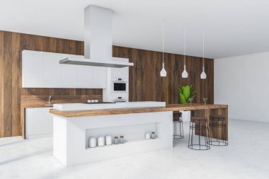 Beyaz ve ahşap mutfak seti beyaz zeminde, ahşap kesim masası şişeler için boşluklar, yan görüş. Mutfak odası seti, kesim masası ve bar sandalyeleri, 3 boyutlu görüntüleme, insan yok.