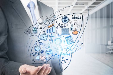 Simgeler seti, kozmik roket şekli, vektör planı tutan yönetici iş adamı, elektronik cihaz. Ürün tanıtımı ve grafikleri, iş odası