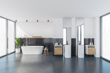 Beyaz küvetli beyaz ve gri banyo ve aynalı iki lavabo, kahverengi havlulu çekmeceler. Şehir manzaralı gri mermer zemin ve pencereler. 3D, kimseyi göstermiyor.