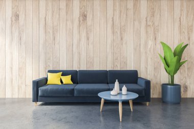 Siyah ve ahşap oturma odasında sarı yastıklı lacivert kanepe, ahşap duvar. Minimalist kanepe ve mavi kahve masası. Bulaşık, bitki, 3D.
