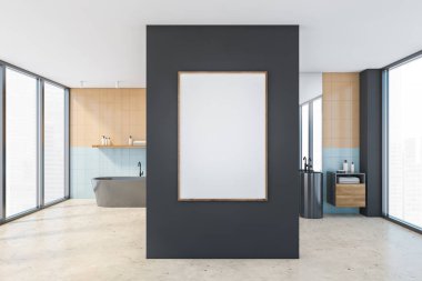 Gri küvetli mavi banyodaki bej ve mavi tuvalin çerçevesi ve aynalı iki lavabo, kahverengi havlulu çekmeceler. Şehir manzaralı bej mermer zemin ve pencereler. 3D, kimseyi göstermiyor.