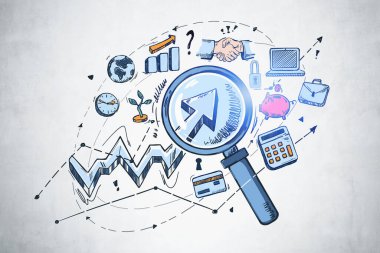 Simge ve web ağı sembollü Loupe. Grafik ve çeşitli çizimler ile küresel iletişim ve web arama kavramı