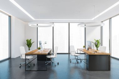 Beyaz ve gri ofis danışma odası ahşap masalar, deri koltuklar ve pencereler. Ahşap minimalist mobilya ve bitkiler, gri zemin. 3D görüntüleme, insan yok