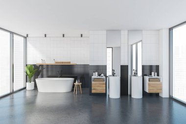 Beyaz küvetli beyaz ve gri banyo ve aynalı iki lavabo, kahverengi havlulu çekmeceler. Şehir manzaralı gri mermer zemin ve pencereler. 3D, kimseyi göstermiyor.