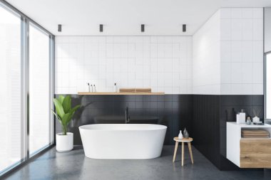 Beyaz ve siyah banyo, beyaz küvet ve güverte havlular için, gri mermer zemin. Şehir manzaralı pencereler ve köşede bitki dikme, 3D, kimseyi göstermiyor