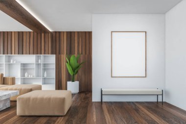 Köşedeki gri bankın üzerinde bej kanepeli, ahşap ve beyaz oturma odası. Kanepe ve bej koltuklar, bitki dolu, raflar duvarda, 3 boyutlu, kimseyi göstermiyor.