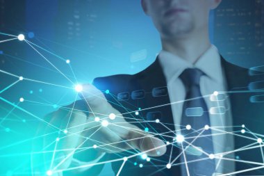 Hisse senedi piyasasındaki fiyat artışını, finansal analitik kavramını, iş adamının grafiğe parmak ucuyla dokunuşunu gösteren bir nöral ağ çizelgesi. Çift pozlama