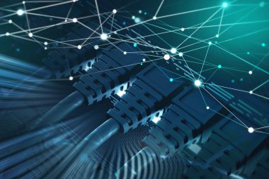 Ağ kabloları bağlantı merkezine bağlandı. Küresel internet ve veri güvenliği kavramı. Soyut çokgenlerle çifte maruz kalma. 3d oluşturma