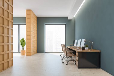 Ofis içi deri koltuklarla dolu, rafları ve pencereleri şehir manzaralı, bitkileri var. Mermer zemin, 3D, kimseyi yansıtmıyor.