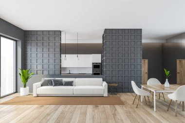 Beyaz kanepe, ahşap mobilya ve beyaz sandalyeli açık bir ev. Mutfak arka planda, minimalist modern stüdyo dairede, 3D 'de hiç kimse yok.