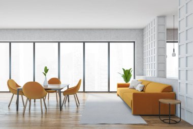 Turuncu koltuklu, yan manzaralı, ahşap mobilyalı ve turuncu sandalyeli bir ev. Şehir manzaralı ve gökdelenli büyük pencereler, 3D, kimseyi göstermiyor 