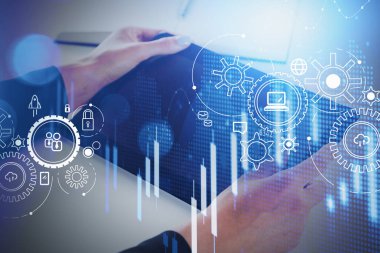 Ofis çalışanı elinde elektronik bir cihaz tutuyor, ağ iletişimine çifte maruz kalma, ikonlar dizisi. Küresel bağlantılar ve iş çalışmaları kavramı