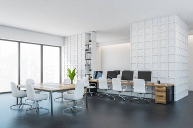 Ofis, ahşap masalar ve deri sandalyeli açık uzay odası, klasörlü kitaplık, yan manzara, şehir manzaralı pencere. Gri mermer zemin, 3 boyutlu, insan yok.