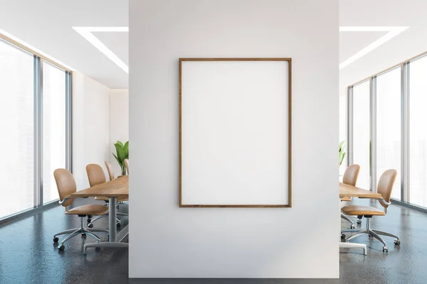 Mockup canvas frame in white and grey office conference room with table, leather chairs and windows. Wooden minimalist furniture and plants, grey floor. 3D rendering, no people