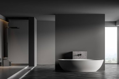 Siyah parke zemini, beyaz küveti ve mermer zeminli duşu olan karanlık bir banyo. Modern mobilyaları ve pencereleri olan minimalist bir oda. 3D, kimseyi göstermiyor.