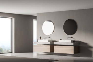Ekolojik minimalist tarzda iki lavabo ve aynalı modern banyo. İnsan yok. 3B Hazırlama.