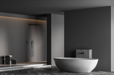 Siyah parke zemin, beyaz küvet ve mermer zeminli duş, yan görüş. Modern mobilyaları ve pencereleri olan minimalist siyah banyo, 3 boyutlu, kimseyi göstermiyor.