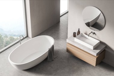 Modern banyo içi lavabo ve pencerenin yanındaki beyaz küvet eko minimalist tarzda. Üst Manzara. İnsan yok. 3B Hazırlama