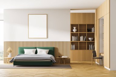 En büyük yatak odası, bir kitaplık, bir masa ve bir sandalye. Yatağın üzerinde büyük bir dikey poster asılı. 3D görüntüleme. Model.