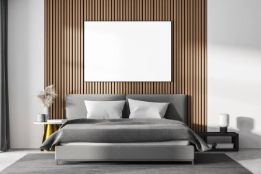 Beyaz yatak odası, beton zemin, gri bir yatak ve iki komodinli. Aynalı bir dolap. Ahşap duvarda bir poster. 3D oluşturma maketi