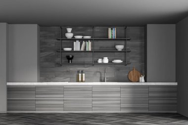 Modern gri ahşap mutfak, mutfak gereçleri, kitaplar, lavabo, soba. 3d oluşturma.