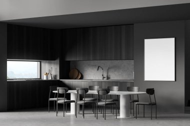 Gri ve ahşap minimalist mutfak, yan manzara, sandalyeli yemek masası posterleri. Modern mutfakta yemek masası, 3 boyutlu, insan yok.