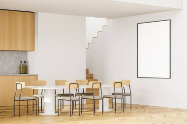 Ahşap minimalist mutfak, yan manzara, sandalyeli yemek masası ve merdivenler. Modern mutfakta yemek masası, 3 boyutlu, insan yok.